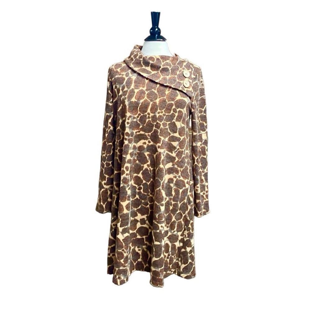 Aryeh Brown Giraffe Print Long  Sleeve Dress Size Large